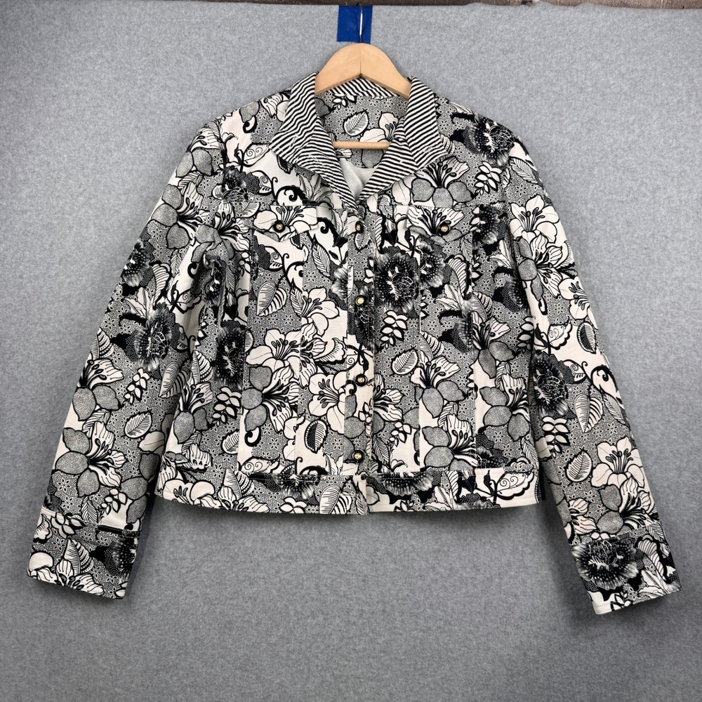 St John Sport Jacket Womens‎ Medium Black White Floral Button Up Cotton Stretch